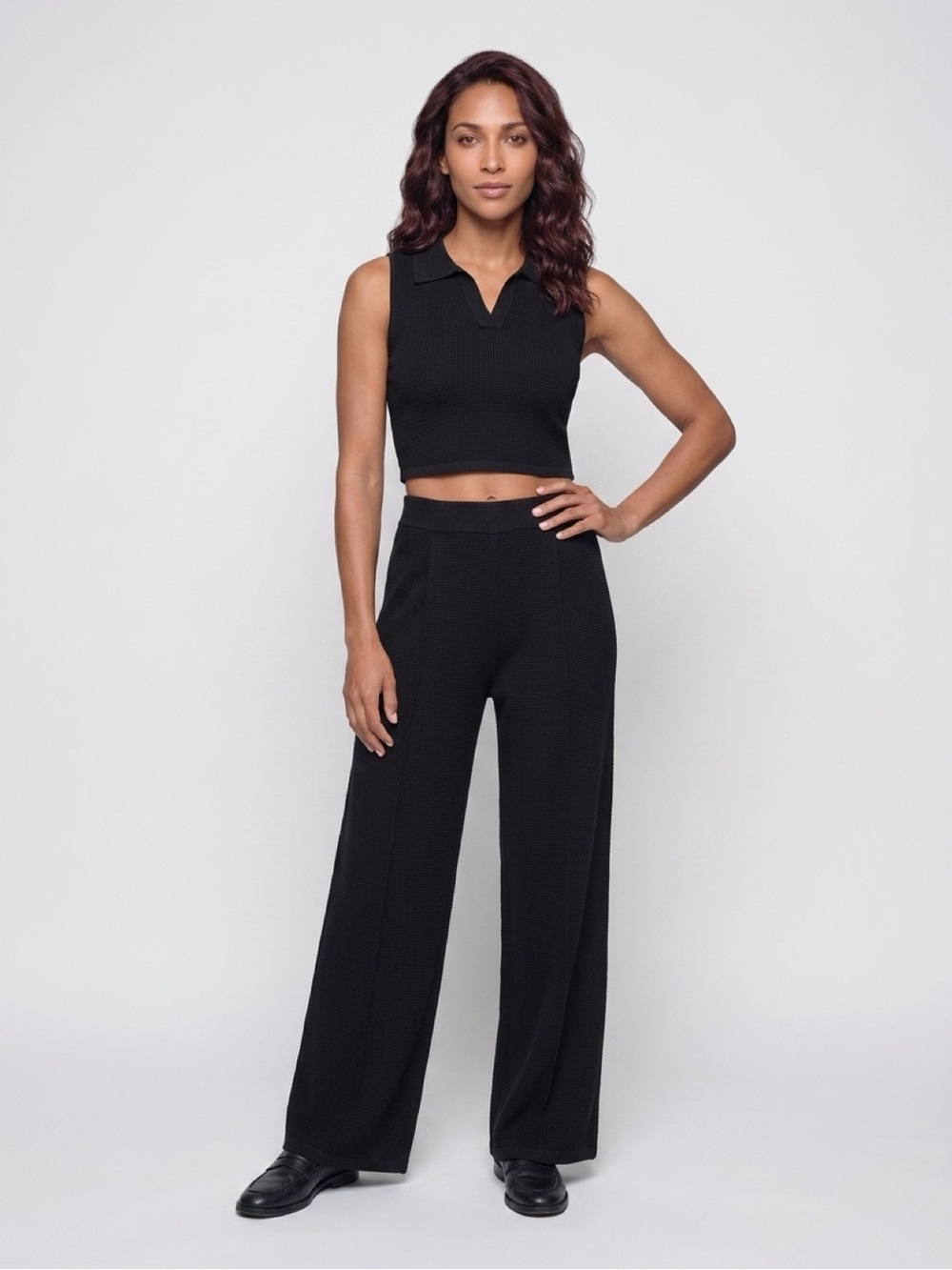 Black knit  Wide-Leg Pants and Top Set - Women